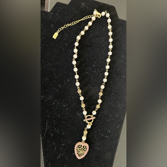 1928 drop statement necklace with simulated pearls and pink rhinestones - Picture 7 of 8